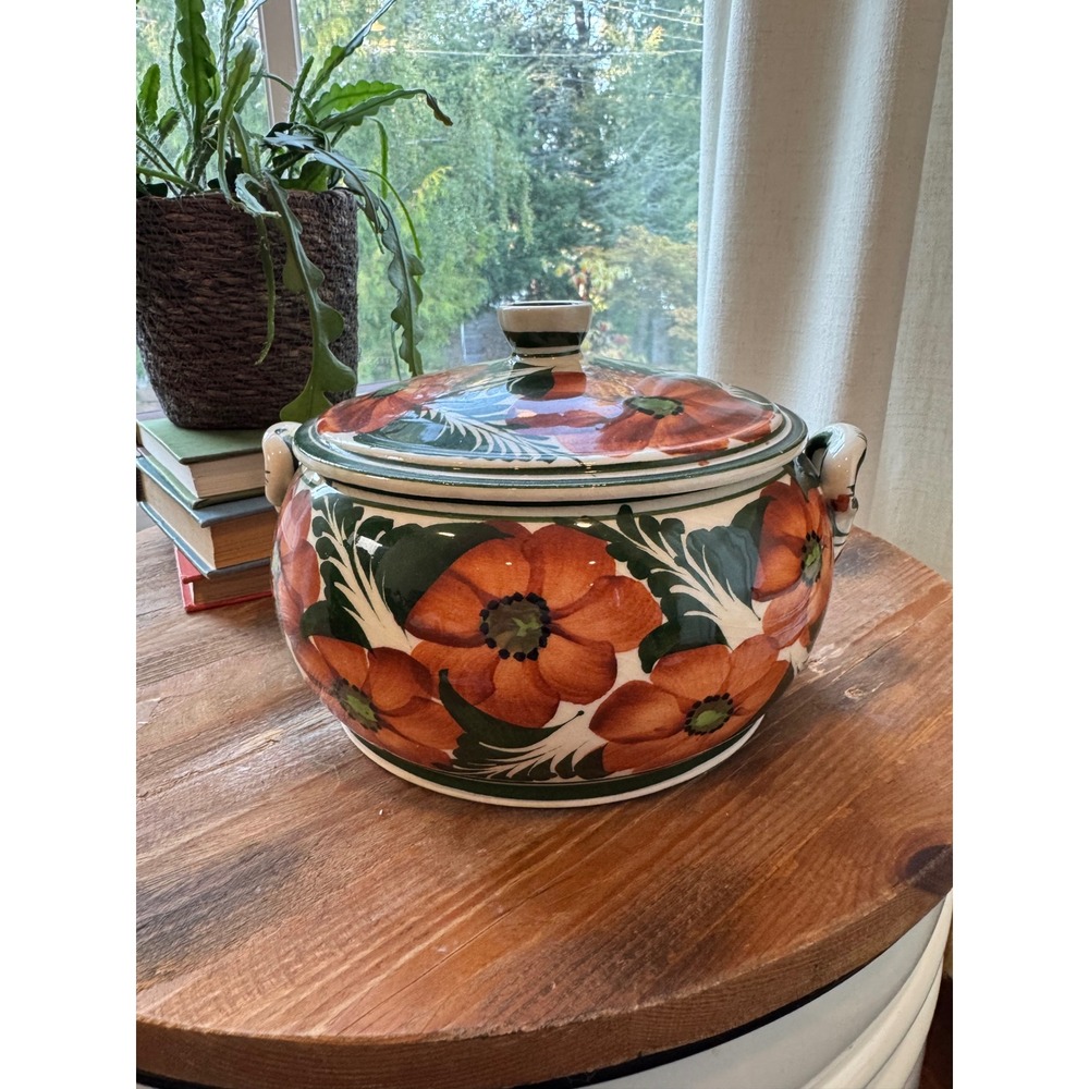 Vintage Hand Painted Ceramic Floral Tureen Orange Poppies Lidded Serving Dish
